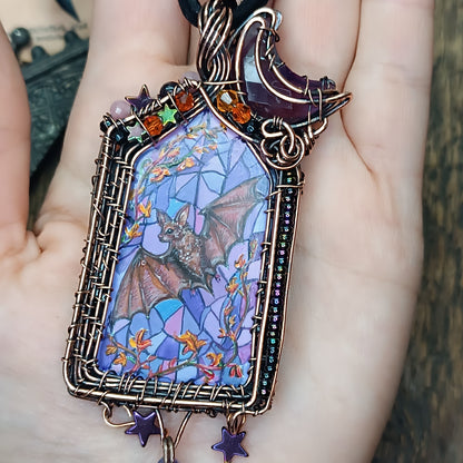 Medieval window necklace. Raven and Bat.