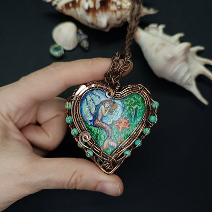 Heart of the ocean. Wire wrapped hand painted necklace. Reversible.