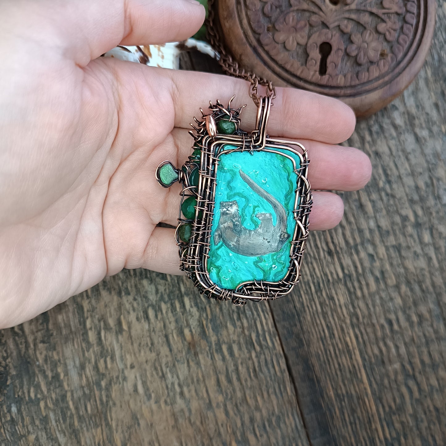 Aquatic adventure 🐢🦦 Hand painted wire wrapped necklace. 2 sided.