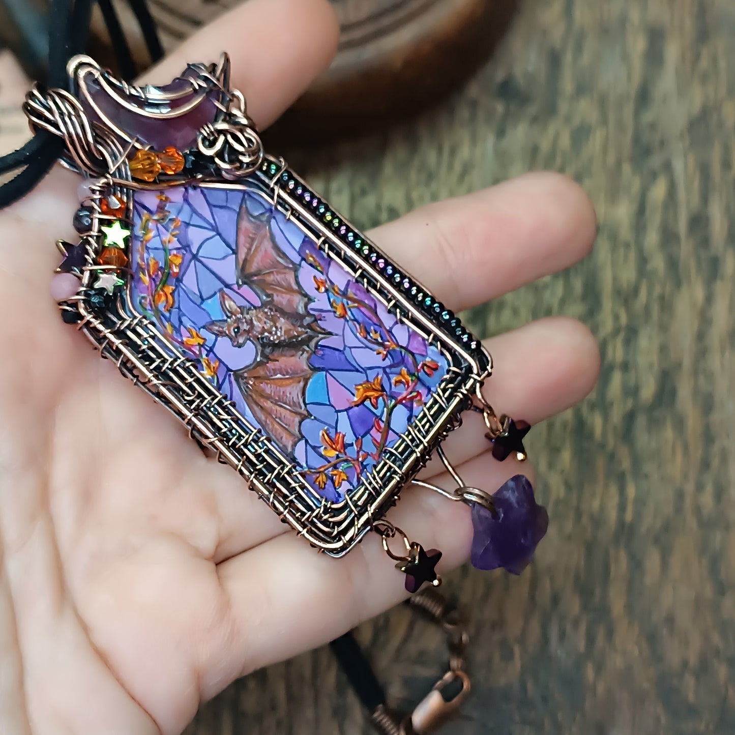 Medieval window necklace. Raven and Bat.