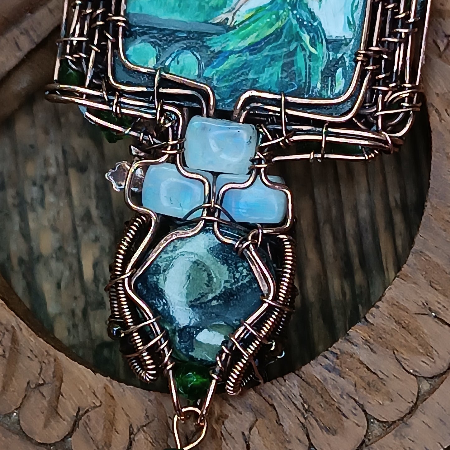 The ballad of white unicorn and princess. Wire wrapped necklace with miniature paintings.