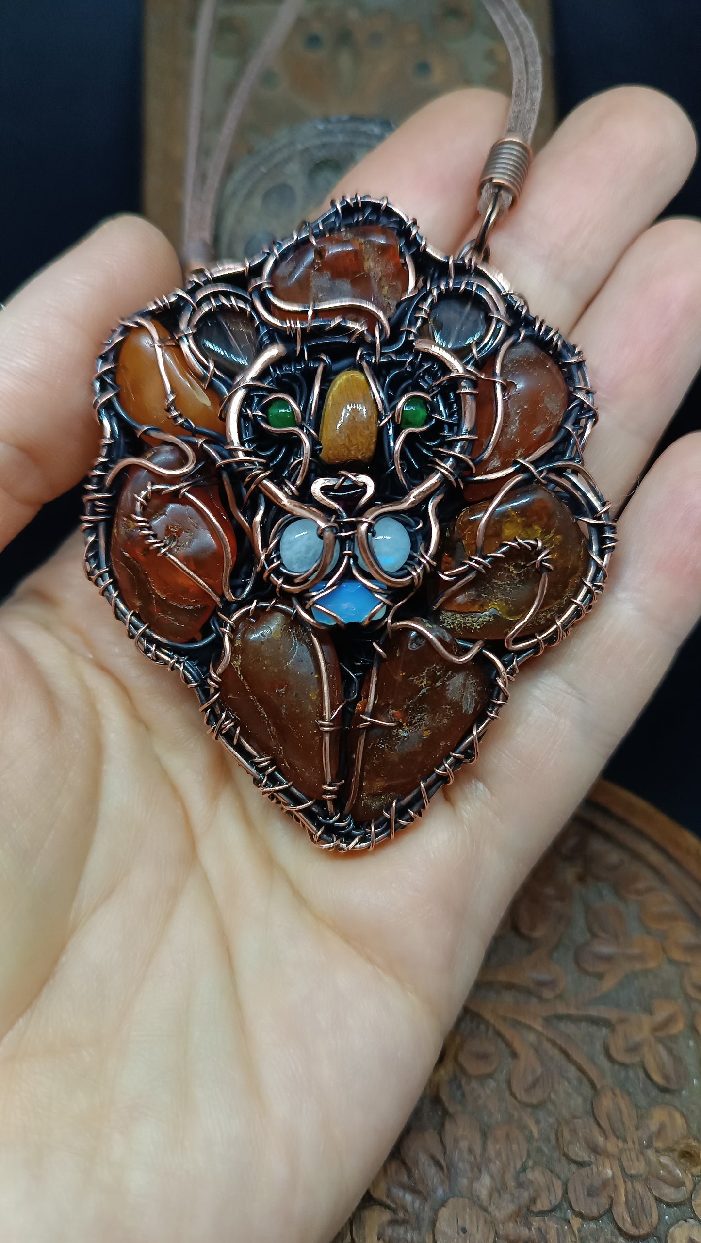 Lion necklace. Wire wrapped copper jewelry.