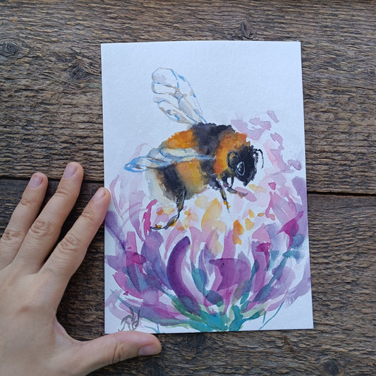 Bumblebee on a blooming flower. Original watercolour on paper. Unframed.