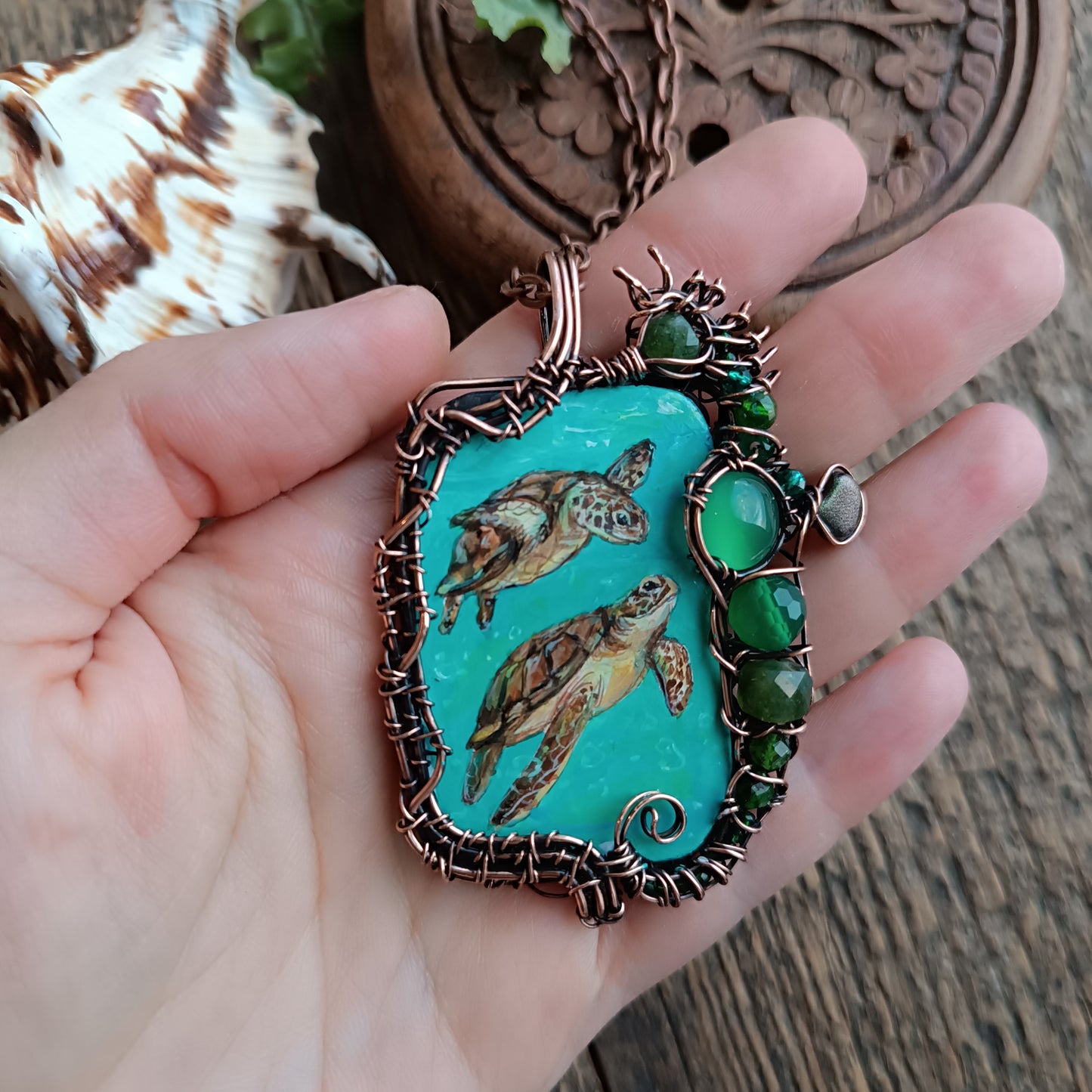 Aquatic adventure 🐢🦦 Hand painted wire wrapped necklace. 2 sided.