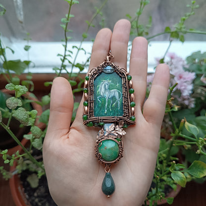 The ballad of white unicorn and princess. Wire wrapped necklace with miniature paintings.