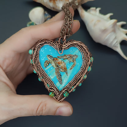 Heart of the ocean. Wire wrapped hand painted necklace. Reversible.