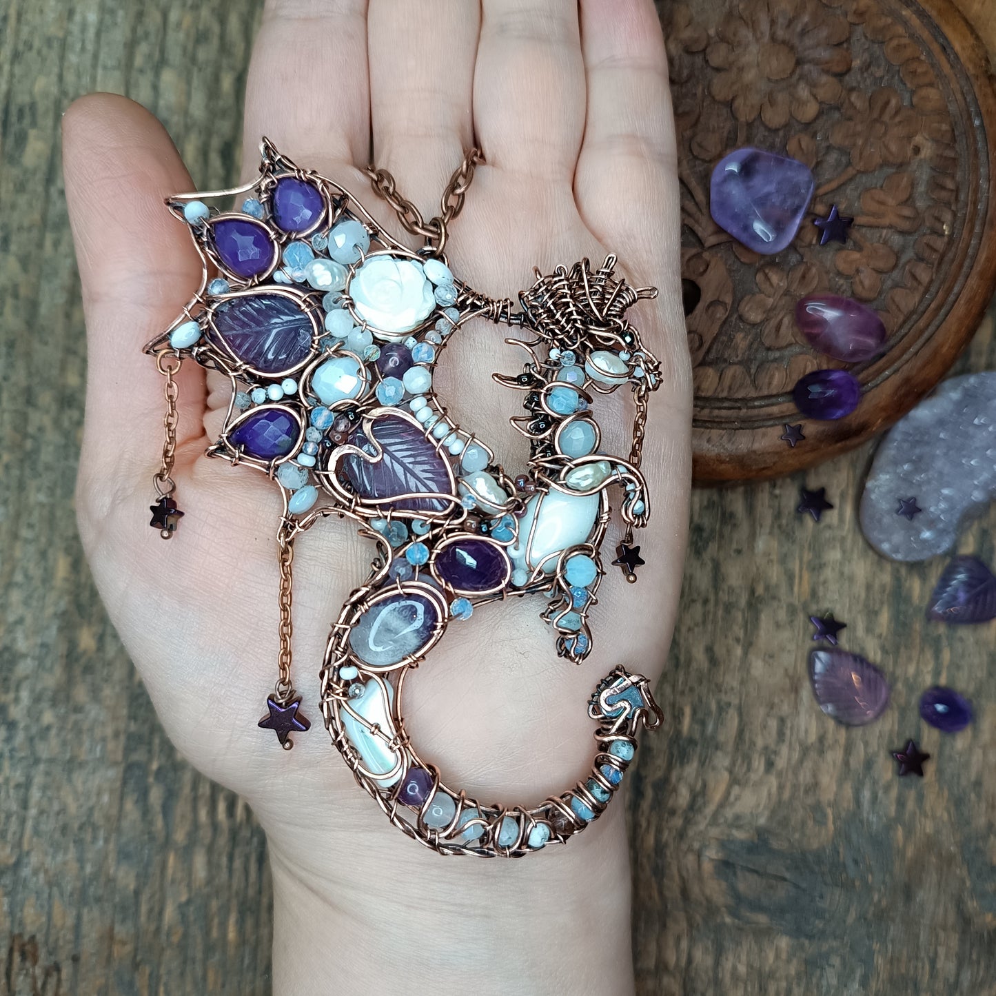 Amethyst night Stars catcher. Dragon necklace.