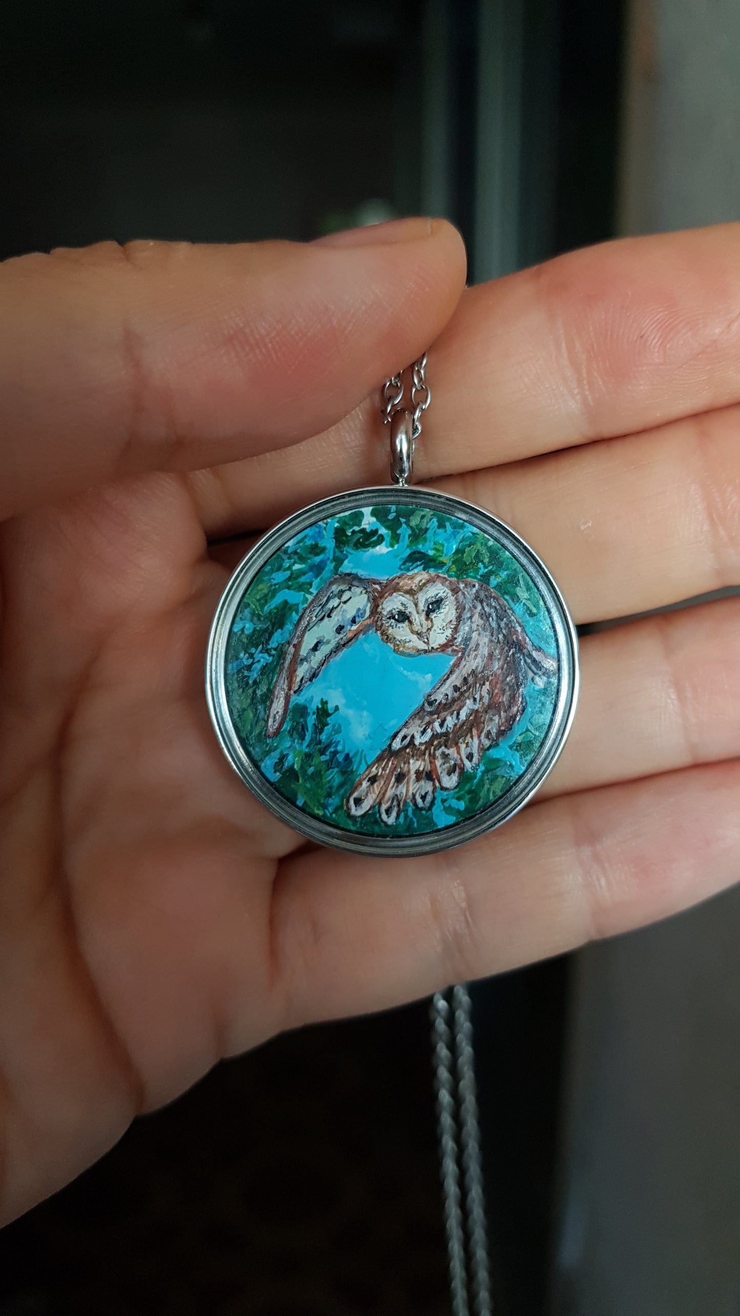 Forest magic owl. Double sided mini painted pendant.