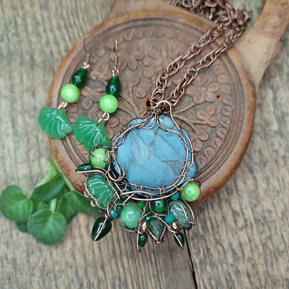 Green rose and ginkgo set (necklace and earrings)