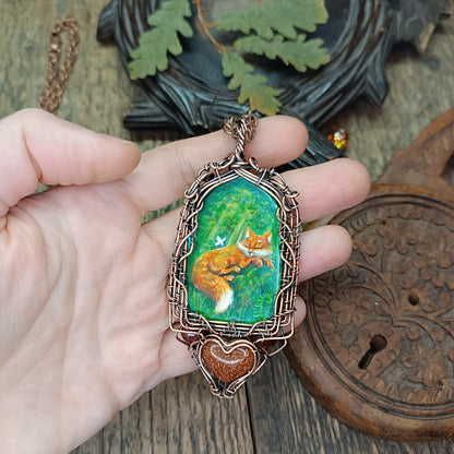 Forest light guardians.🦊🦊 Wire wrapped necklace with miniature paintings.