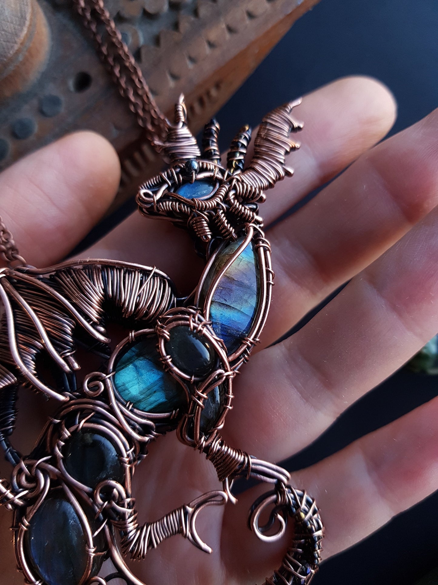 Final payment. FOR JAN Great water dragon. Wire wrapped copper necklace with labradorites.
