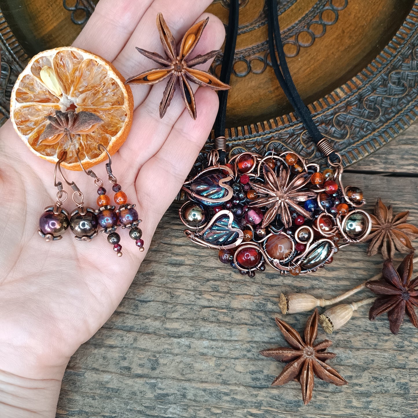 Beaded statement necklace and earrings.