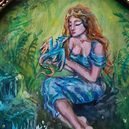 Princess and dragon. Original acrylic painting in a frame.