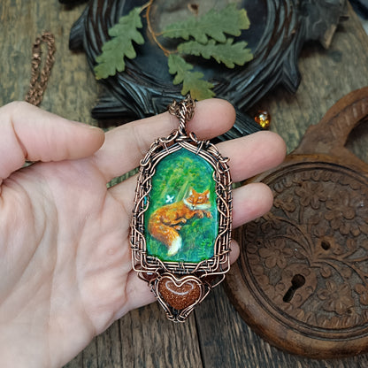 Forest light guardians.🦊🦊 Wire wrapped necklace with miniature paintings.