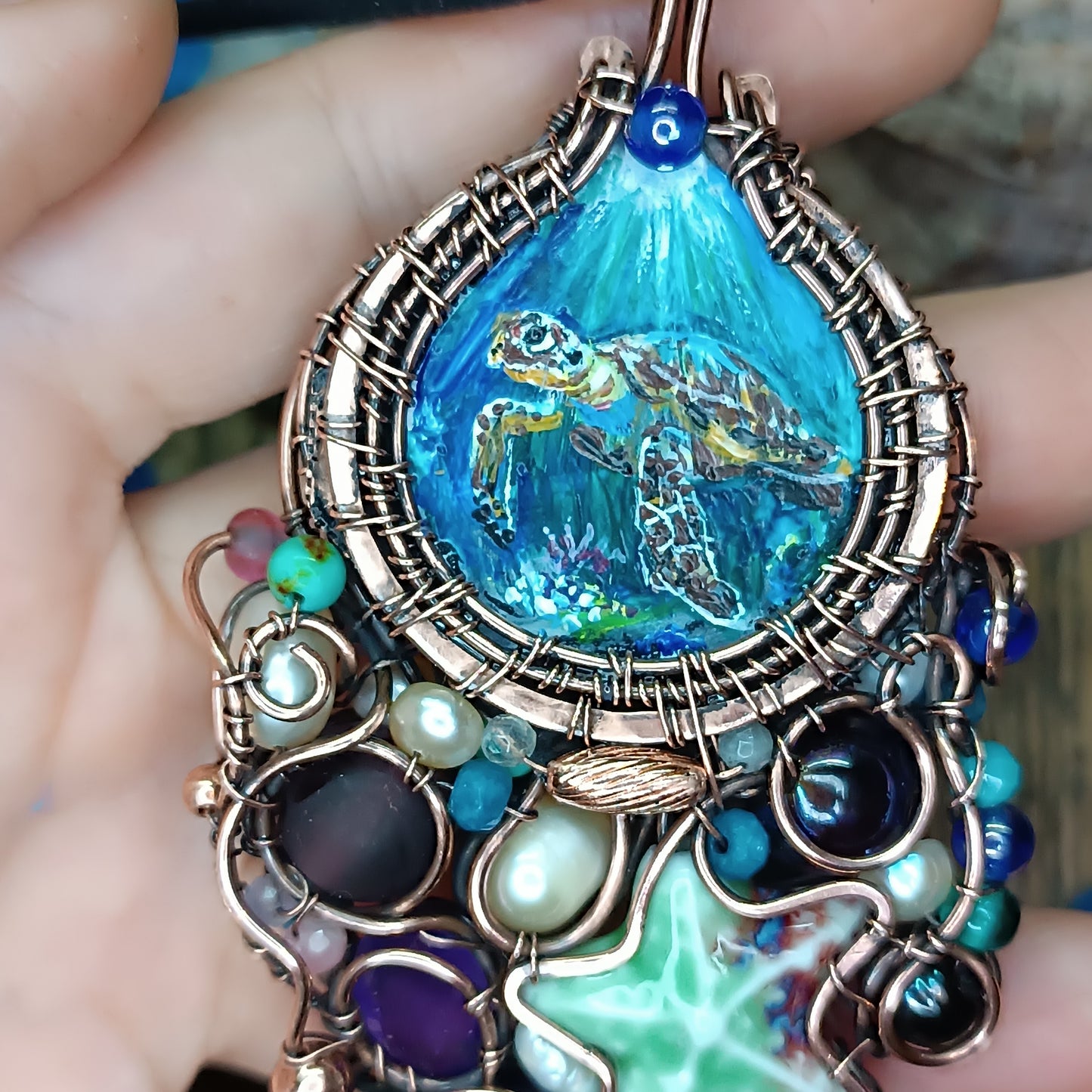"Ocean" Copper necklace with mini paintings.