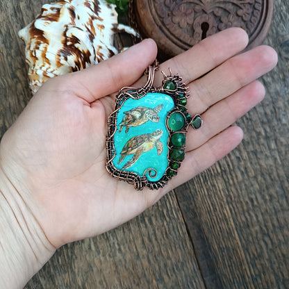 Aquatic adventure 🐢🦦 Hand painted wire wrapped necklace. 2 sided.