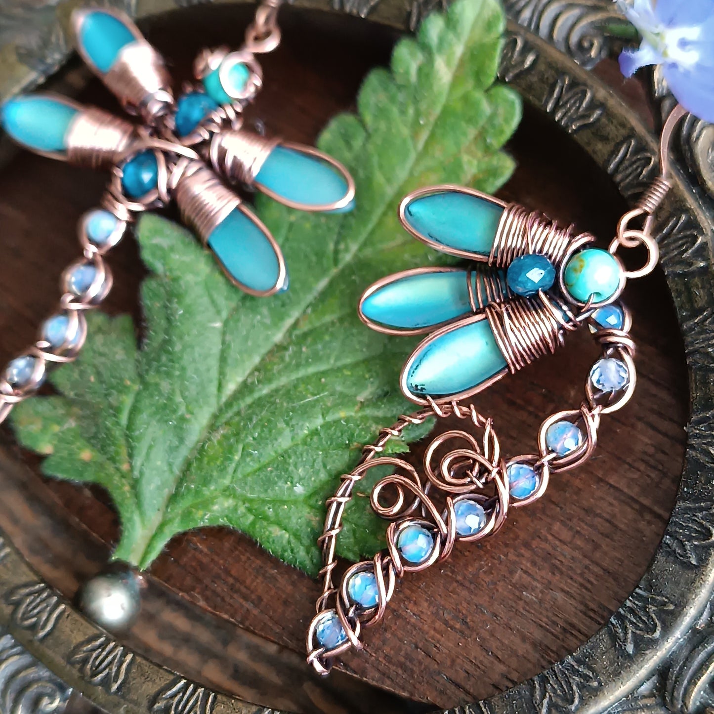 Blue dragonfly and bellflower earrings