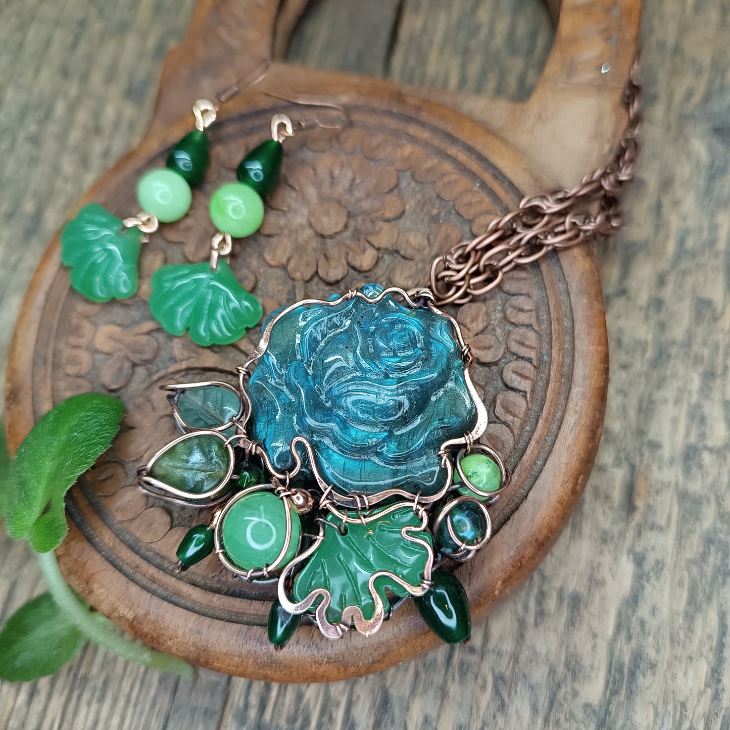 Ginkgo and rose necklace and earrings