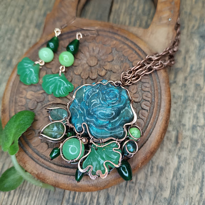 Ginkgo and rose necklace and earrings