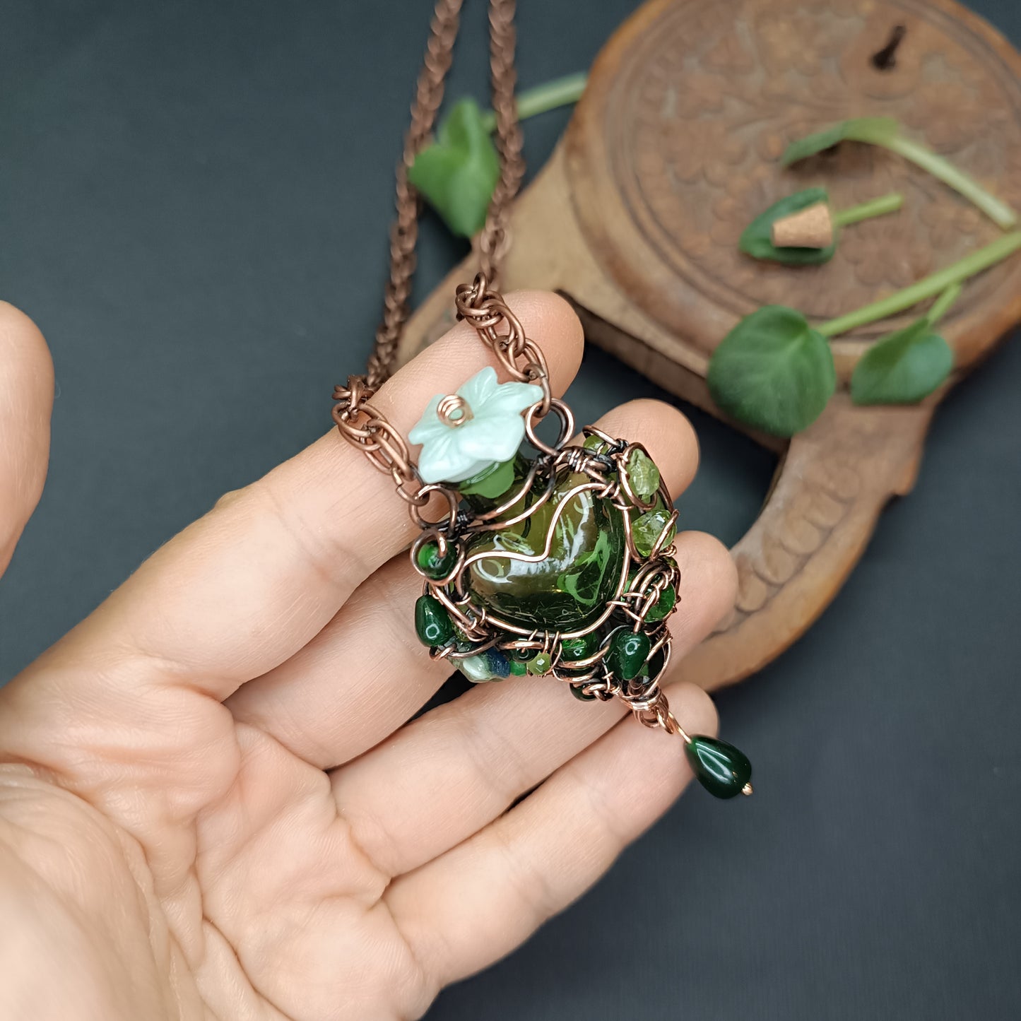 Green heart vial necklace
