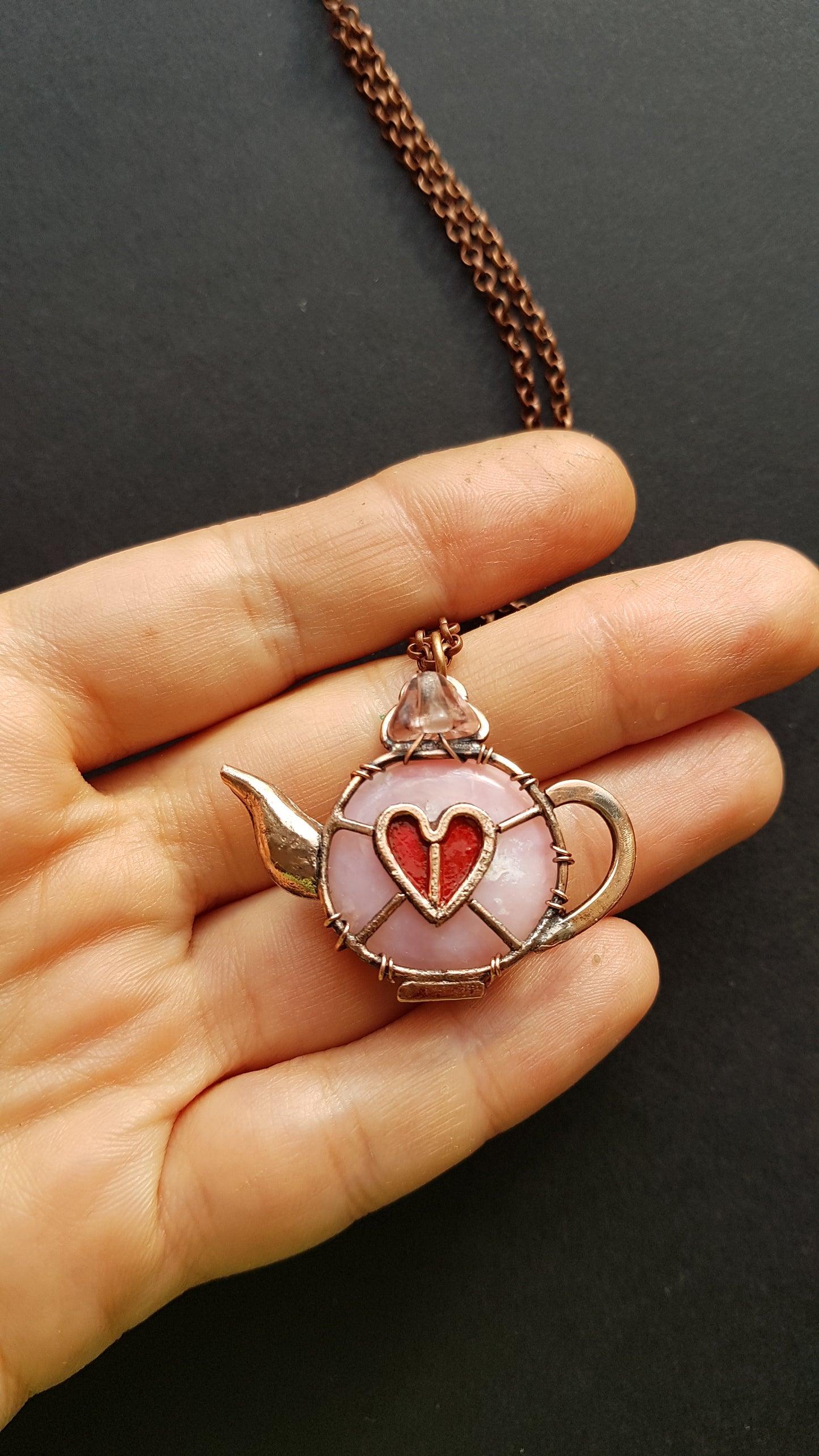 Pink opal teapot fairy house pendant.