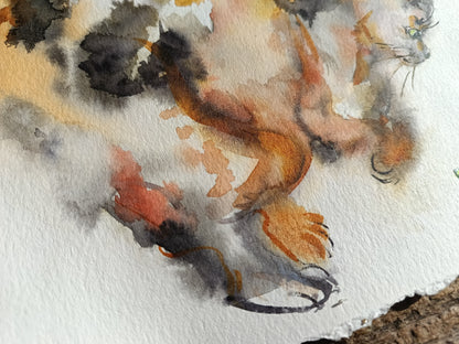 Hop hop! Fluffy cat and grasshopper. Original watercolour