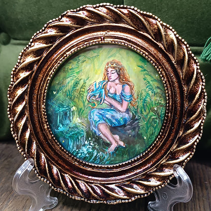 Princess and dragon. Original acrylic painting in a frame.