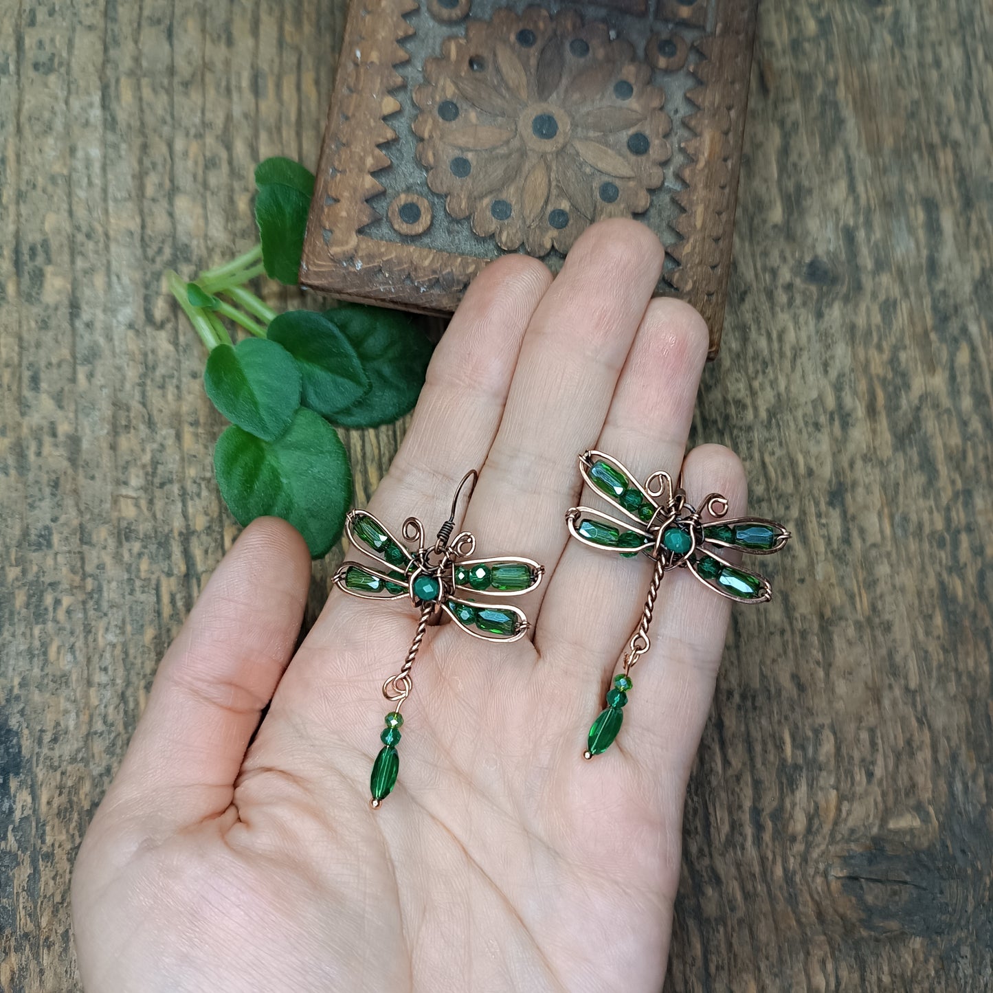 Green dragonfly dangling earrings