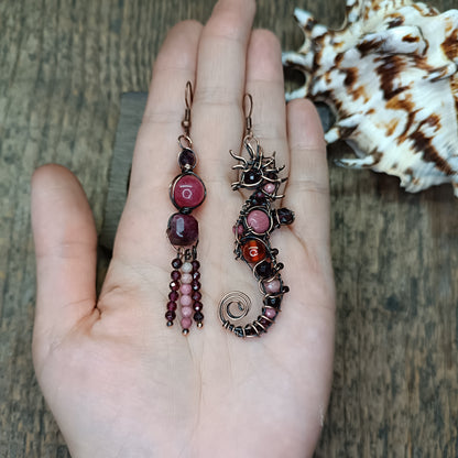 Rhodonite and garnet seahorse earrings