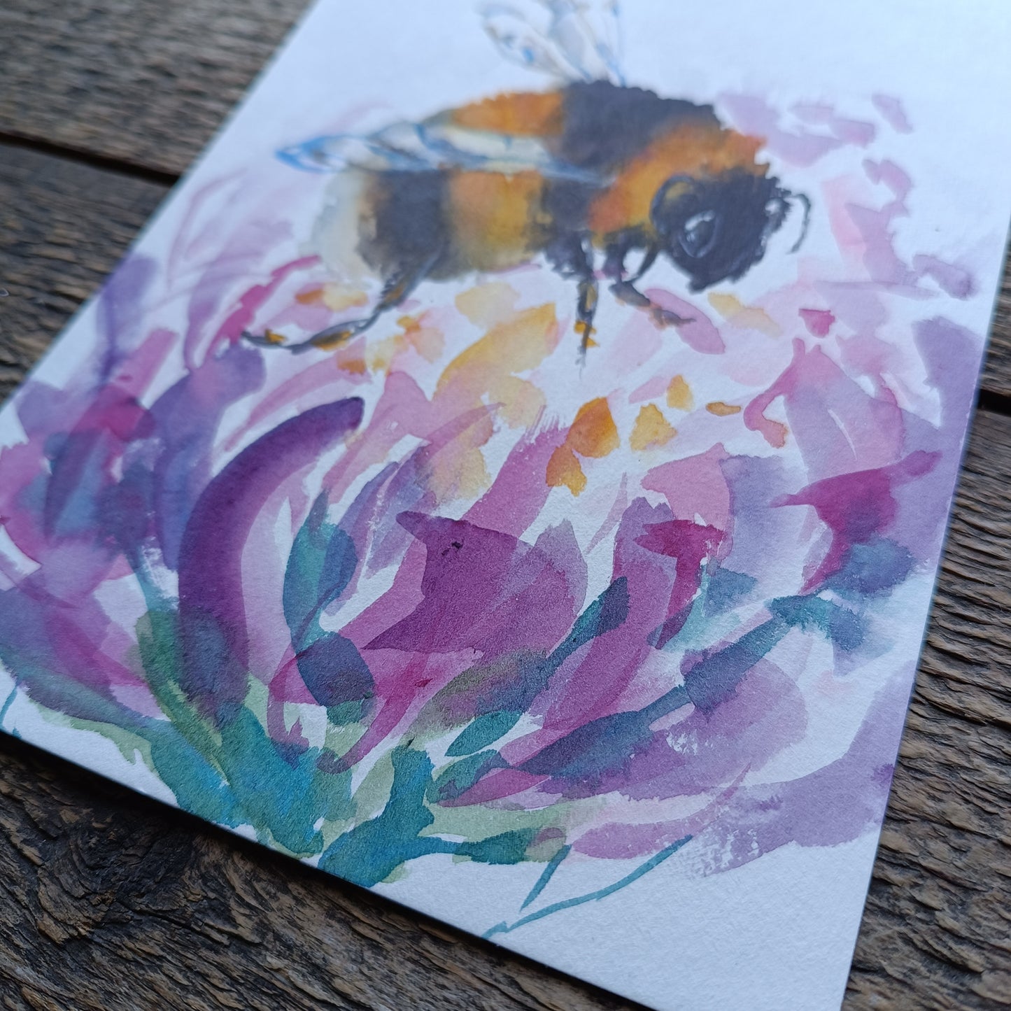 Bumblebee on a blooming flower. Original watercolour on paper. Unframed.