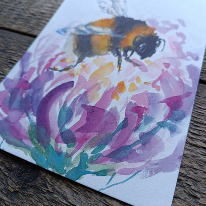 Bumblebee on a blooming flower. Original watercolour on paper. Unframed.