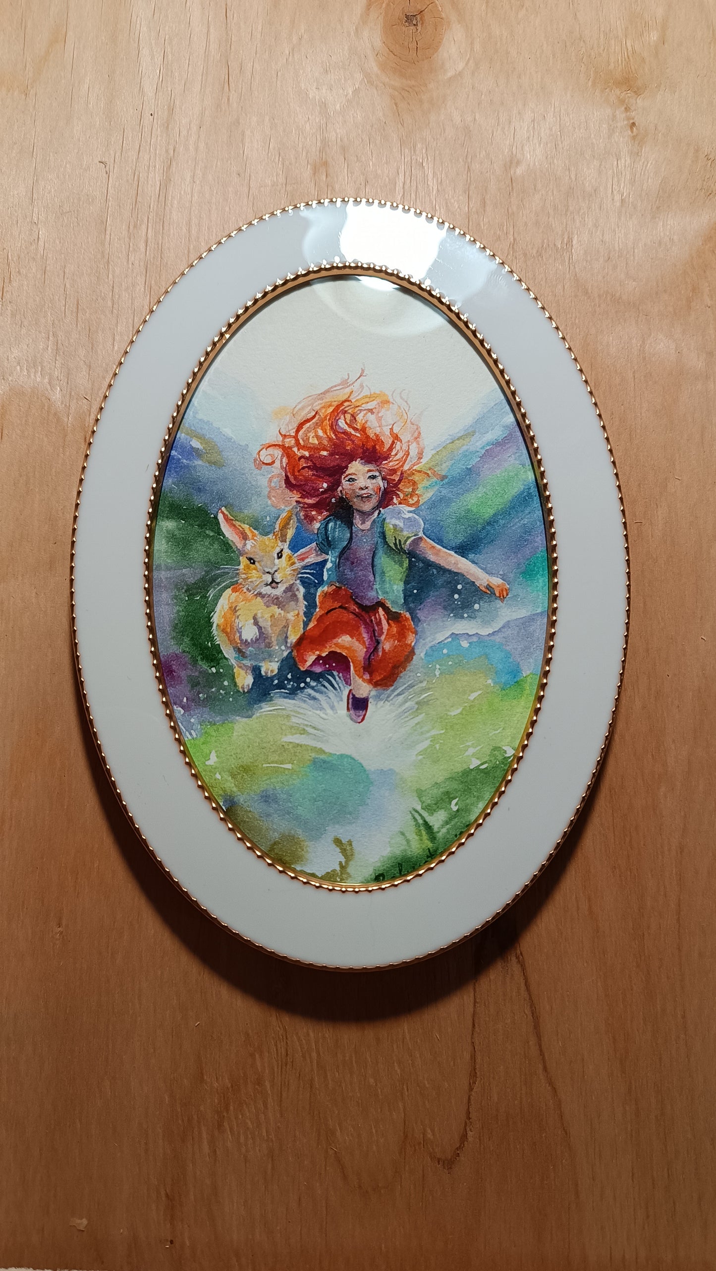 Happy childhood. Original watercolor in the white enameled frame.