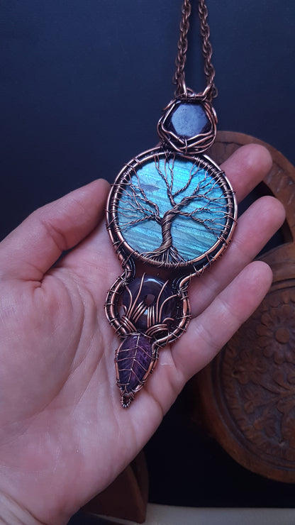 Blue tree of life. Statement copper wire wrapped necklace