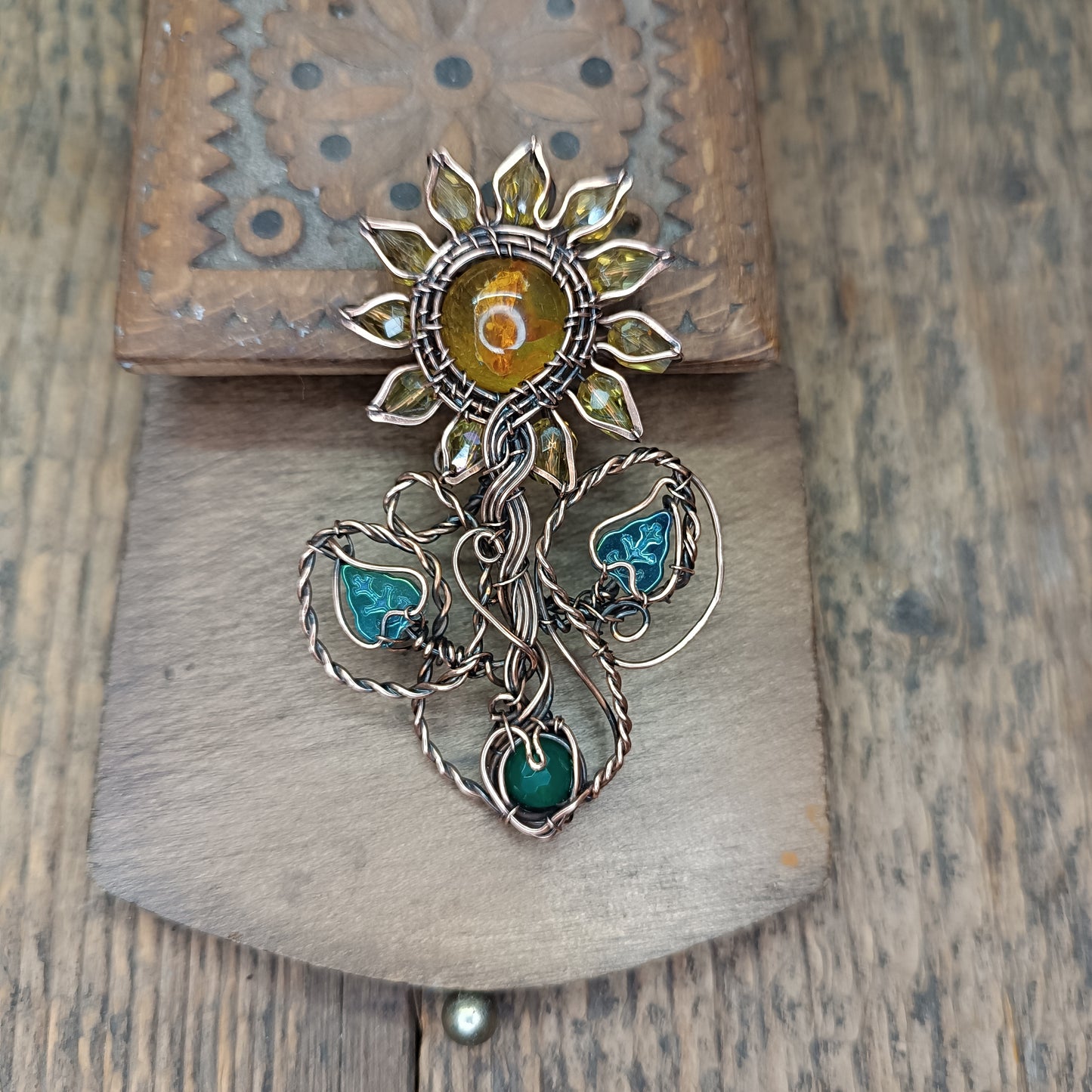 Sunflower pendant with chrysoprase root.