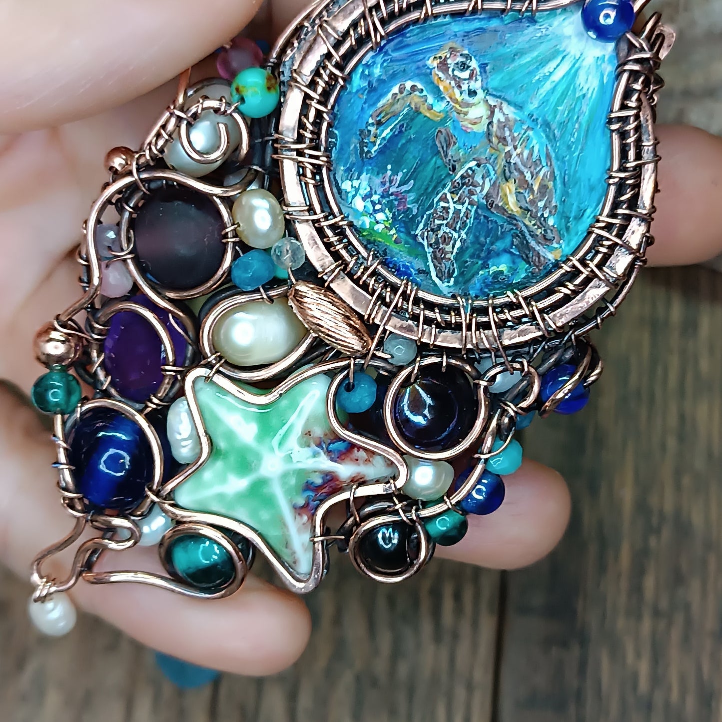"Ocean" Copper necklace with mini paintings.