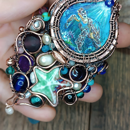 "Ocean" Copper necklace with mini paintings.