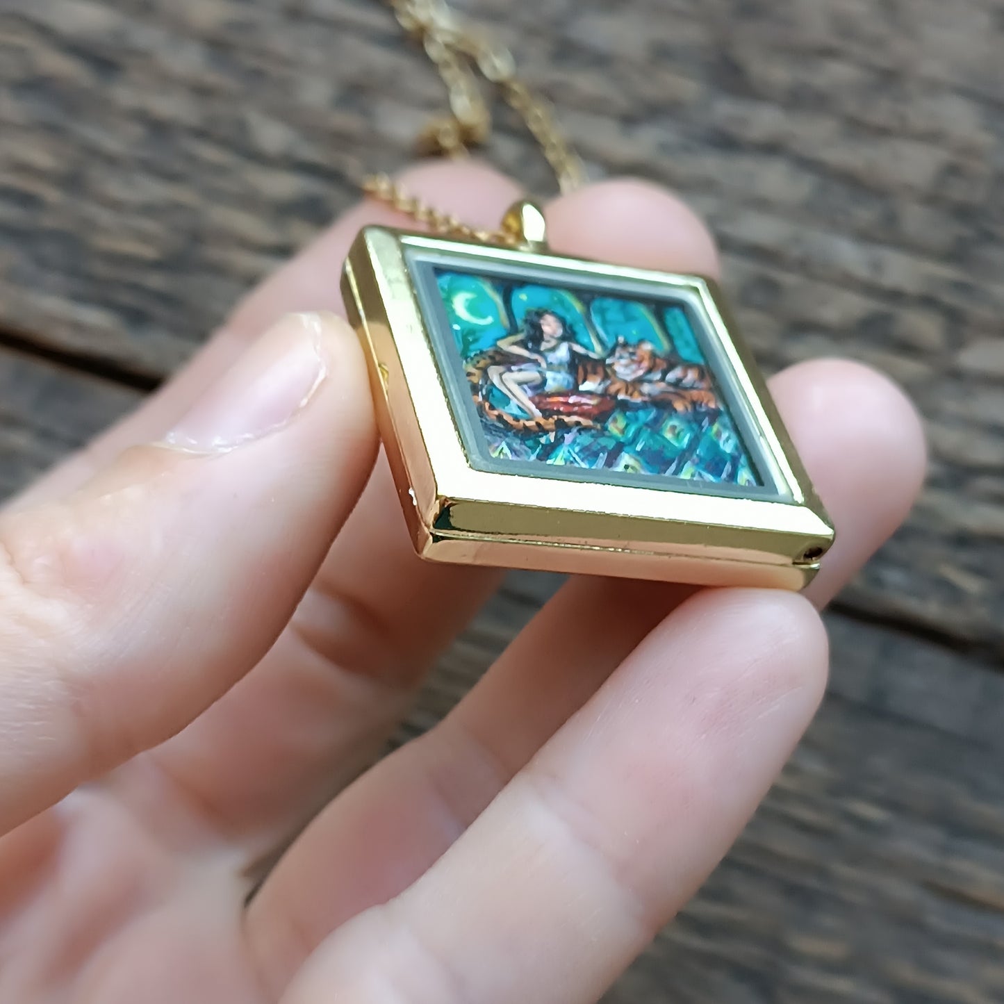 Tiger and princess. Hand painted miniature pendant. Sure thing its one of a kind!