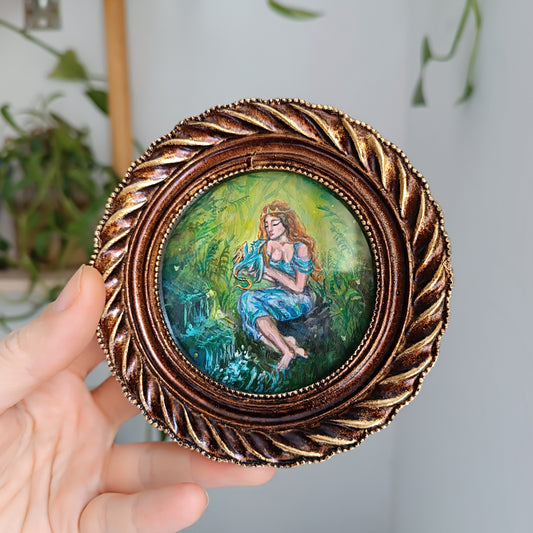 Princess and dragon. Original acrylic painting in a frame.