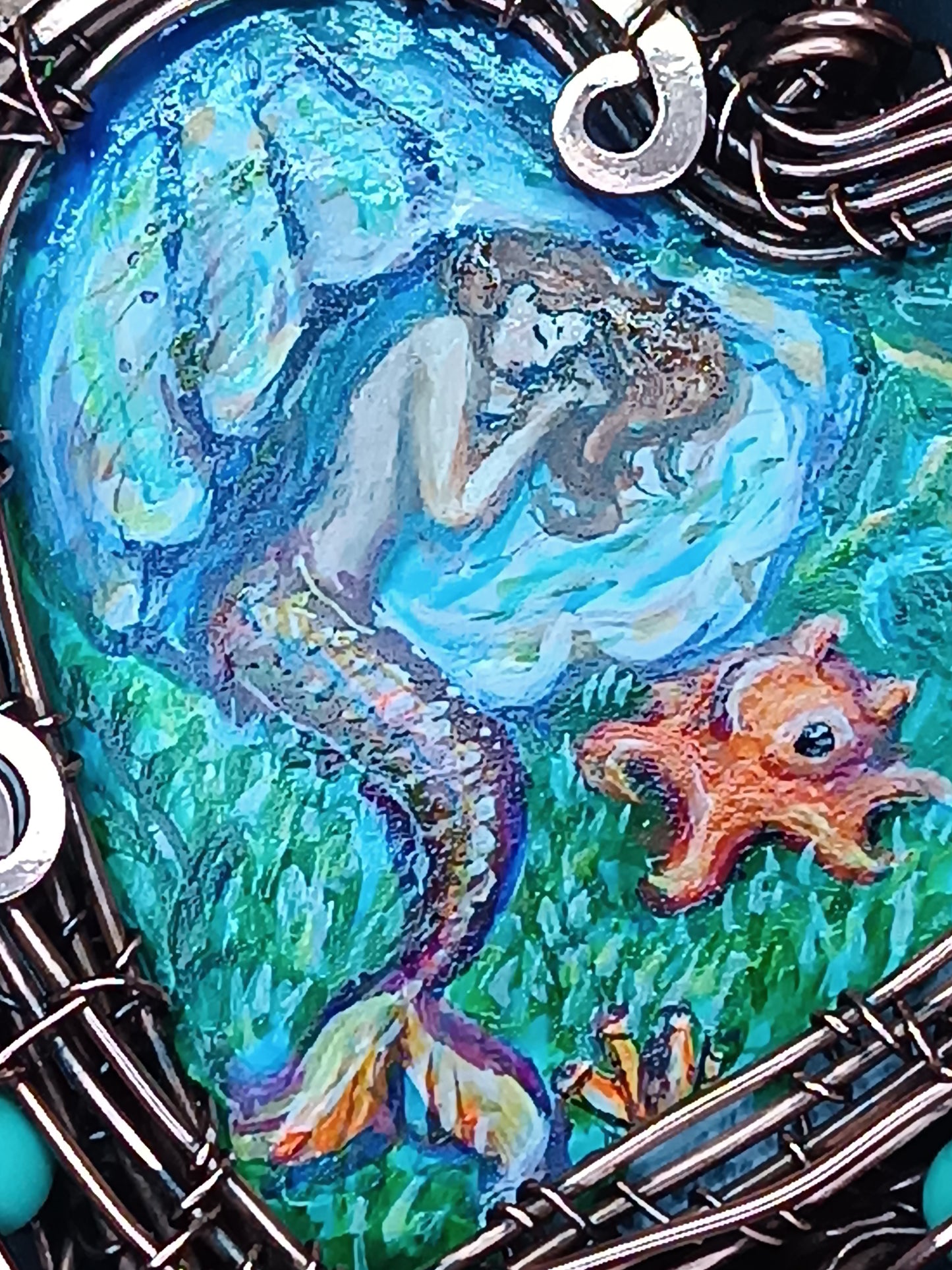 Heart of the ocean. Wire wrapped hand painted necklace. Reversible.