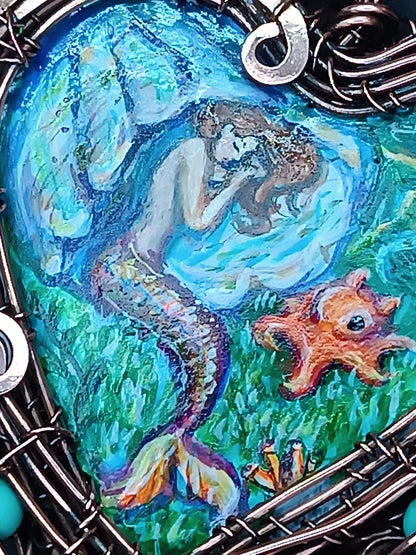 Heart of the ocean. Wire wrapped hand painted necklace. Reversible.