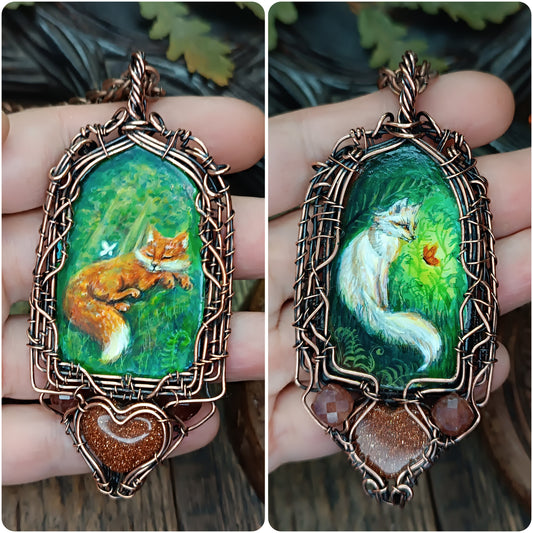 Forest light guardians.🦊🦊 Wire wrapped necklace with miniature paintings.