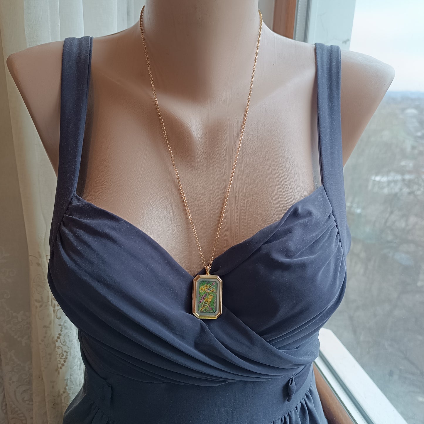 Yellow birds. Hand painted two sided pendant.