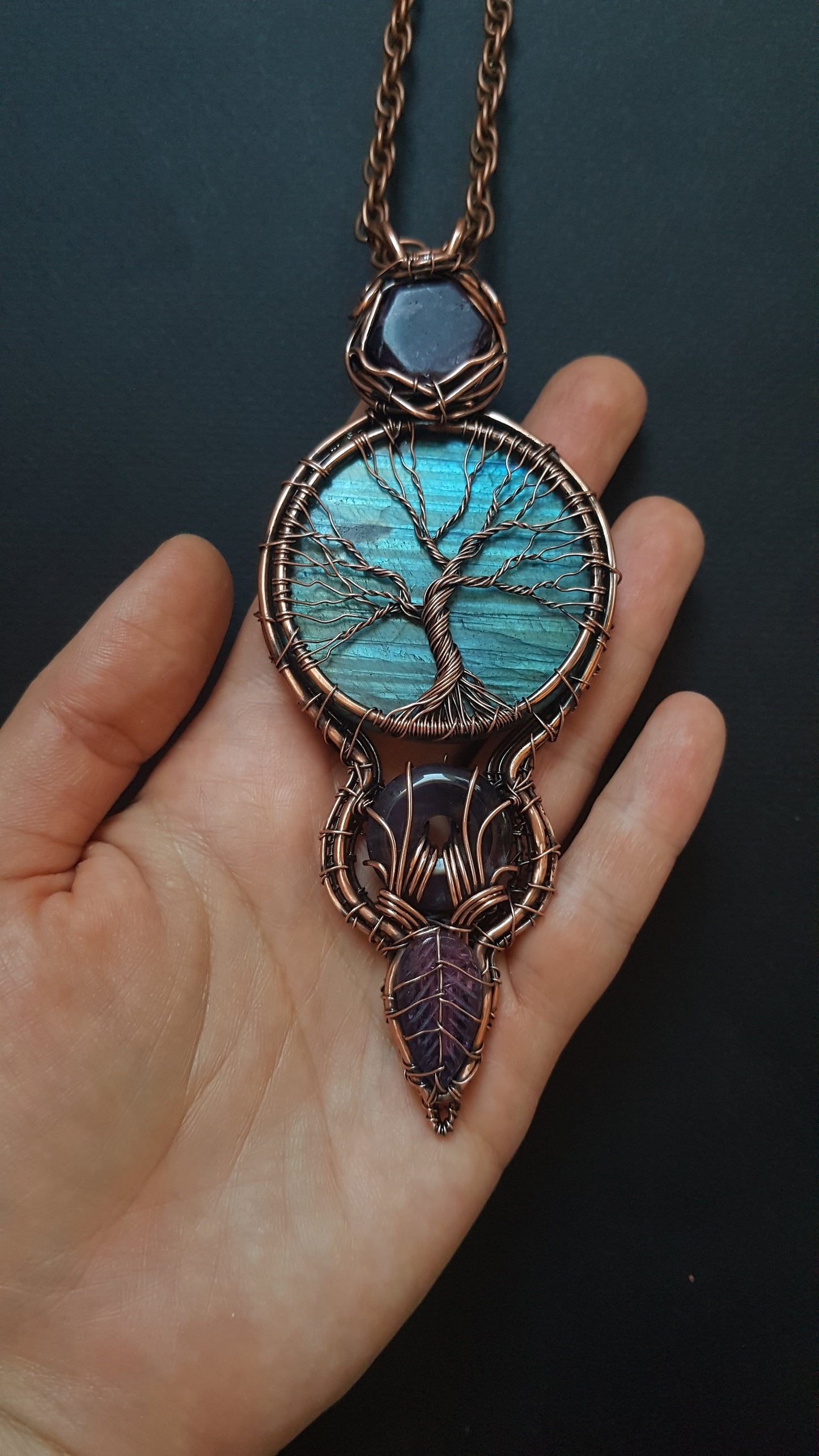 Blue tree of life. Statement copper wire wrapped necklace