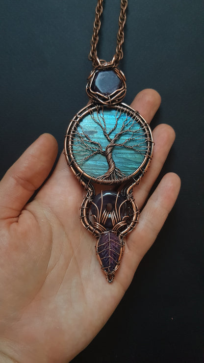 Blue tree of life. Statement copper wire wrapped necklace