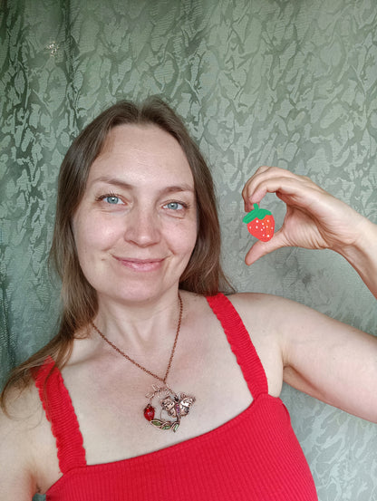 Life circle. Summer strawberry butterfly nebula necklace