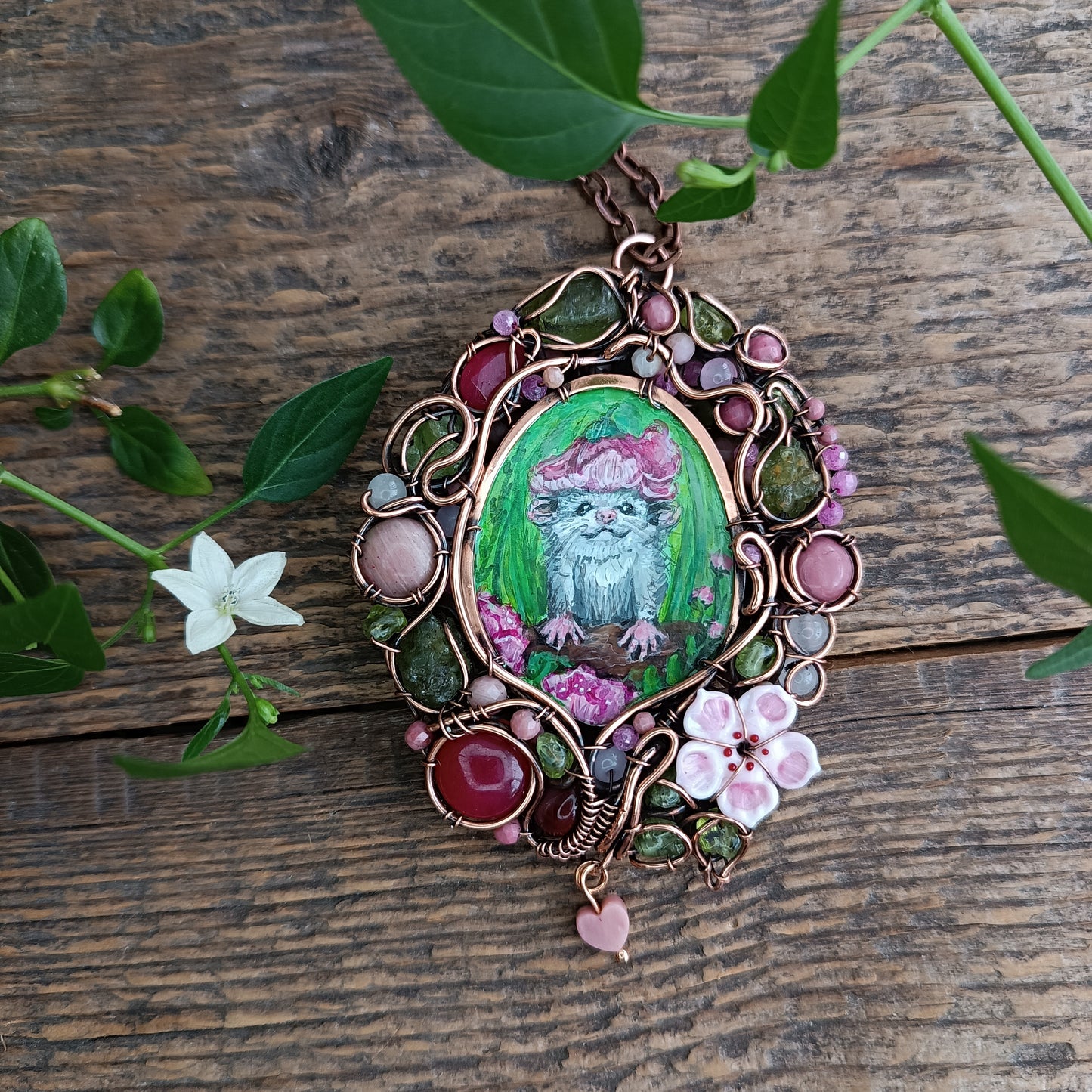 Charming possums and cherry blossom. Wire wrapped 2 sided necklace with miniature paintings