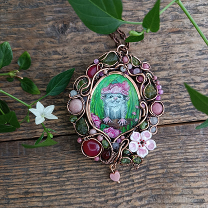 Charming possums and cherry blossom. Wire wrapped 2 sided necklace with miniature paintings