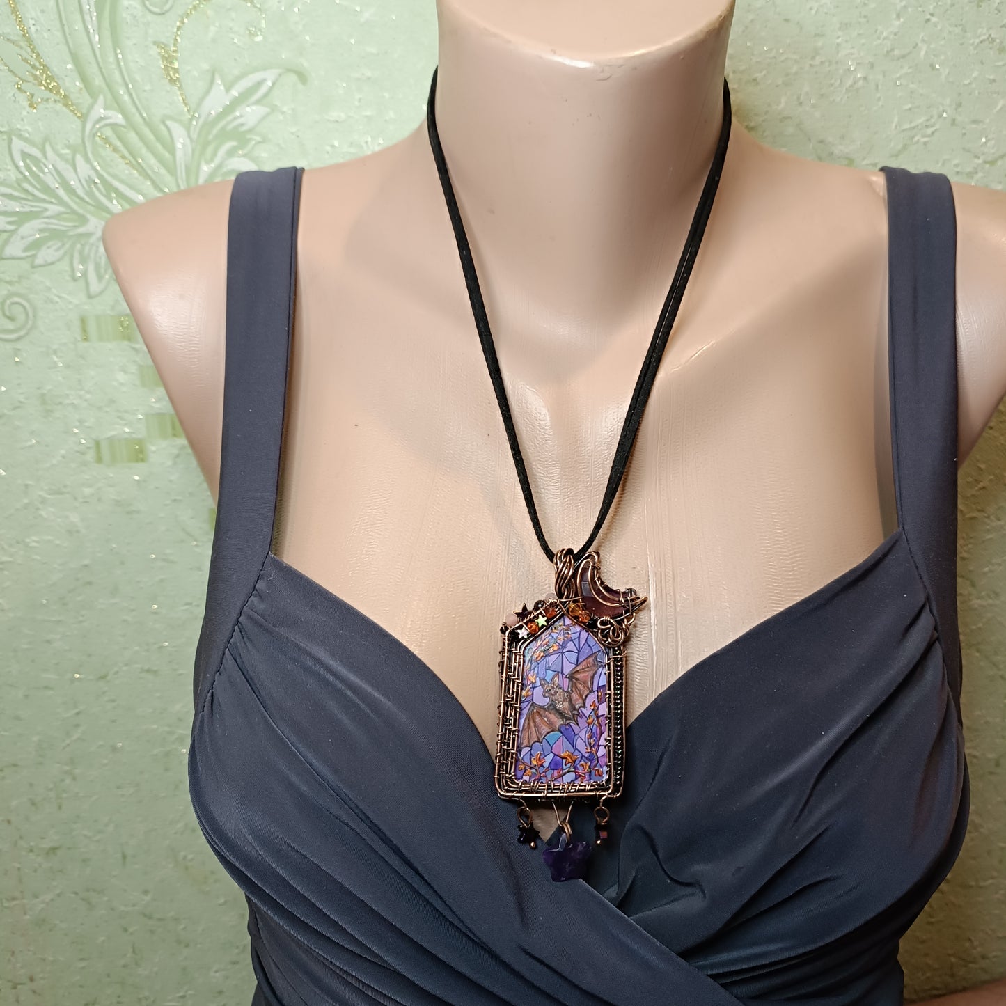 Medieval window necklace. Raven and Bat.