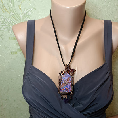 Medieval window necklace. Raven and Bat.