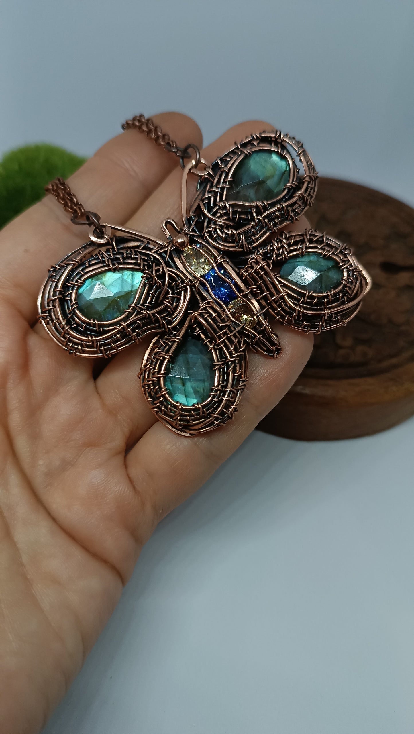 Copper wire wrapped butterfly necklace with faceted labradorites